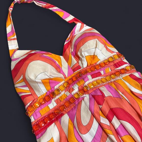 VTG Y2K OC OC By Oleg Cassini Pink & Orange Retro Silk Beaded Maxi Halter Dress - Picture 6 of 7